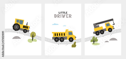 Hand drawn cute cars - Truck, tractor, cargo crane in road with text Little Driver. Vector set with cute cars for posters, fabric, textile and wallpaper design. Vector cars in scandinavian style