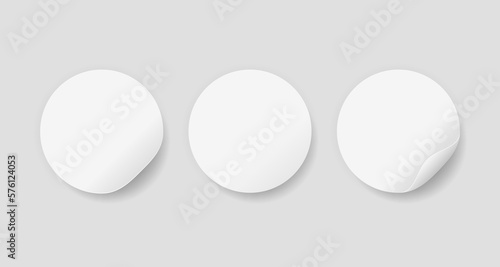 Circle adhesive symbols. White tags, paper round stickers with peeling corner and shadow, isolated rounded plastic mockup, realistic set round paper adhesive sticker mockup with curved corner