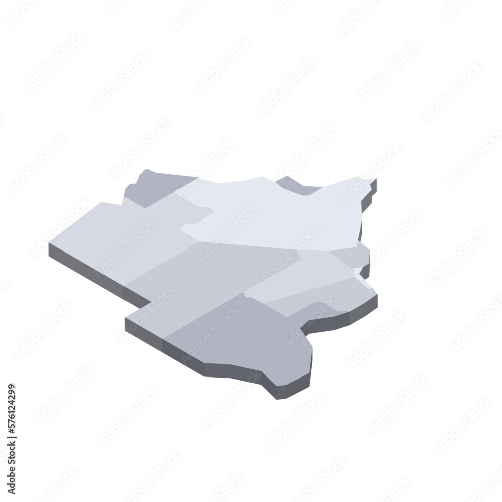 Botswana political map of administrative divisions - rural and urban districts. 3D isometric blank vector map in shades of grey. Botswana political map of administrative divisions - rural and urban districts. 3D isometric blank vector map in shades of grey.