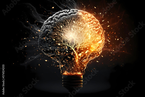 Lightbulb and Human Brain with Sparks on Black Background, Generative AI