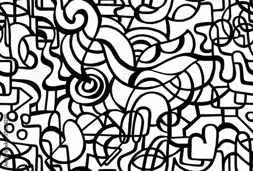 Abstract black and white hand-drawn doodles, seamless drawing.