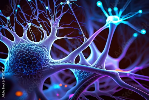 Synaptic Connections in Neon Light: Close-Up View on Neural Synapse Network, generative ai