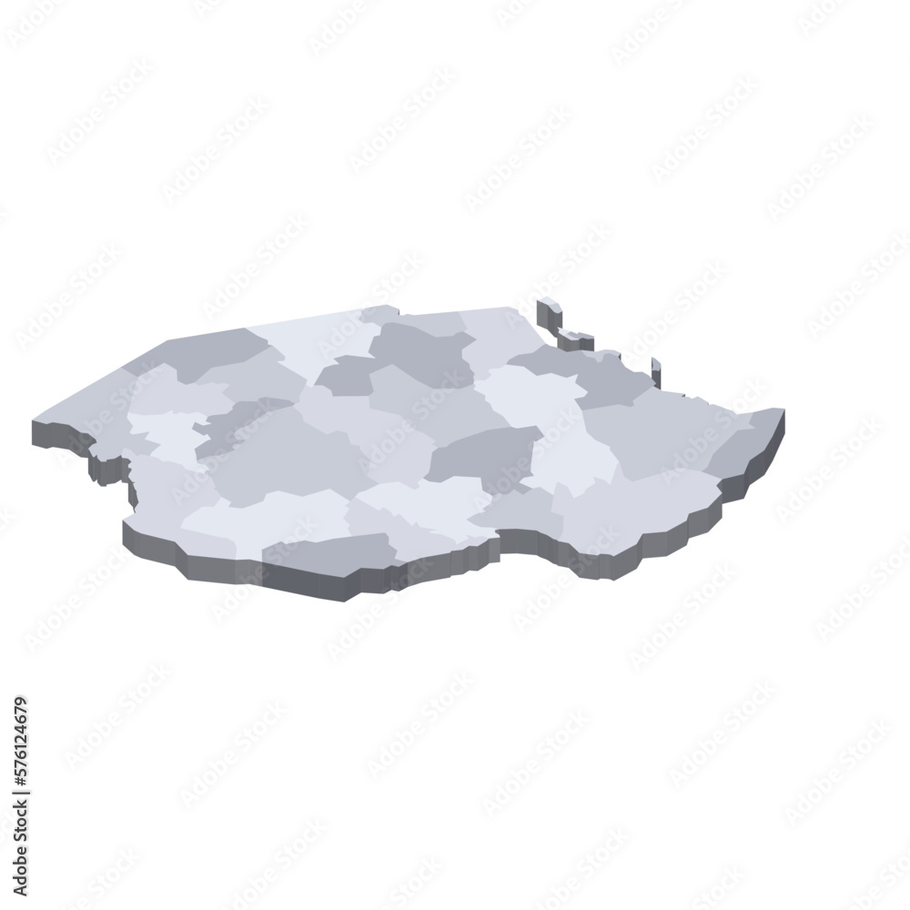 Tanzania political map of administrative divisions - regions. 3D isometric blank vector map in shades of grey.