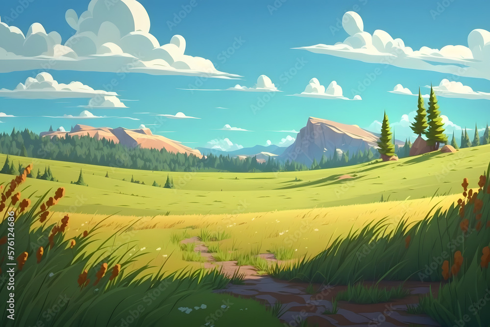 Cartoon meadow background, plains. Made with Generative AI