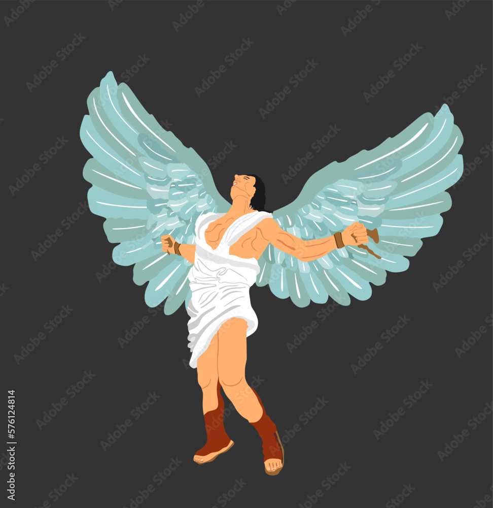 Greek mythology winged man Icarus vector illustration isolated on black