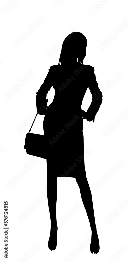Handsome woman fashion pose vector silhouette illustration isolated on white background. Attractive girl shape. Sexy lady posing against paparazzo photographer. Female figure shadow glamour top model 