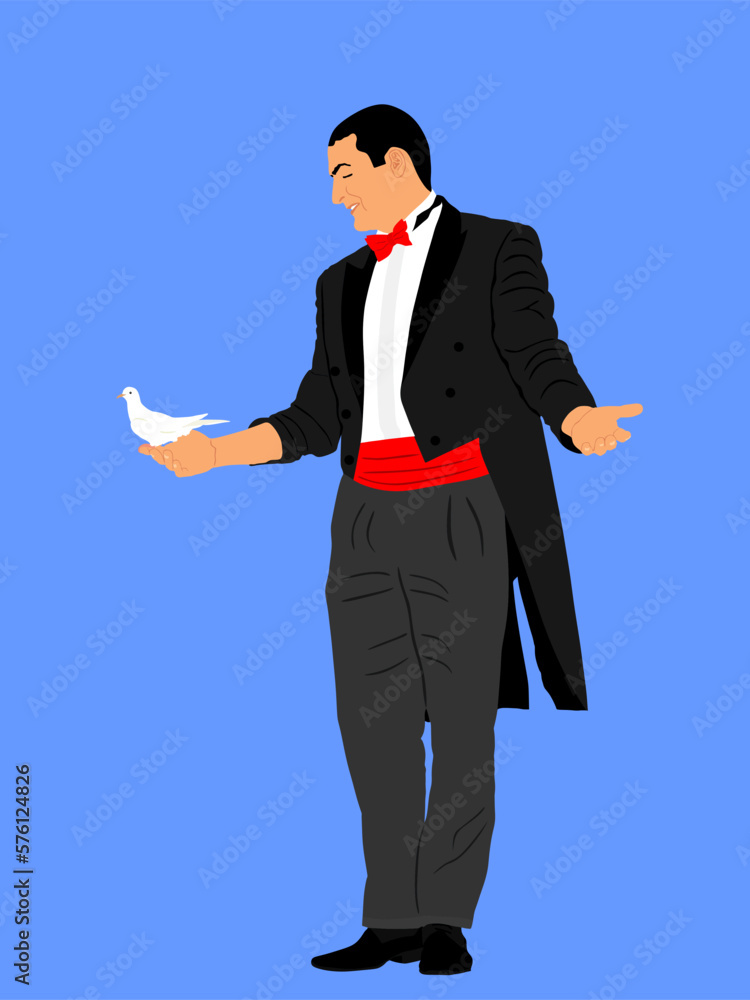 Magician man performing trick with pigeon dove vector illustration isolated. Magic performer illusionist. Live bird It disappears and rises. Cabaret show circus entertainment performance animal skill Magician man performing trick with pigeon dove vector illustration isolated. Magic performer illusionist. Live bird It disappears and rises. Cabaret show circus entertainment performance animal skill