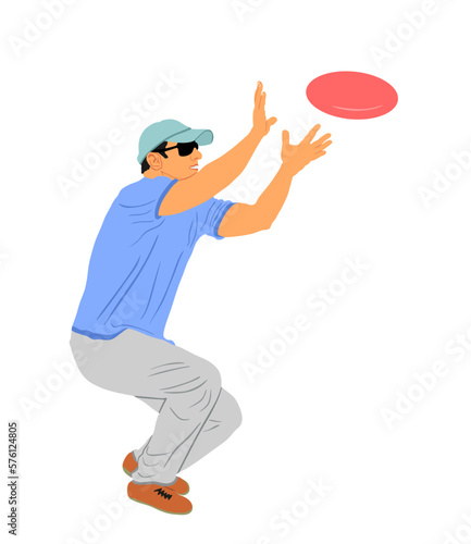 Man playing outdoor beach game vector illustration isolated on white background. Throwing flying disk catch game toy. Catcher grab flying disk on picnic recreation. Outdoor fun with friend and family.