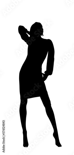 Handsome woman fashion pose vector silhouette illustration isolated on white background. Attractive girl shape. Sexy lady posing against paparazzo photographer. Female figure shadow glamour top model 