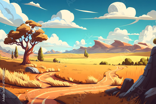 Cartoon meadow background  plains. Made with Generative AI