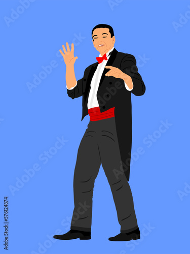 Magician performing trick with balls, cards vector illustration isolated on blue. Magic performer illusionist, disappears and rises. Show artist. Cabaret or circus entertainment performance. Animator