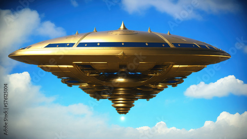 fantasy illustration of giant golden space ship hindu vimana chariots of gods hovering in blue sky with some clouds, generative AI
