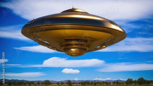 giant golden round space ship hindu vimana chariots of gods hovering in blue sky with some clouds as ufo over trees, generative AI