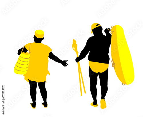 Mature couple woman and man on beach vector silhouette illustration. Senior lady sunbathing. Tourist in swimwear active life. Senior man carry row rubber boat paddles. Parents family skin care protect