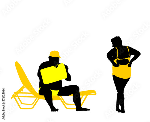 Senior couple beach enjoy vector silhouette illustration. Mature woman sunbathing after swimming. Tourist in swimwear bikini. Skin care. Old man on lounge chair sunbed blows pillow. Grandparent enjoy.