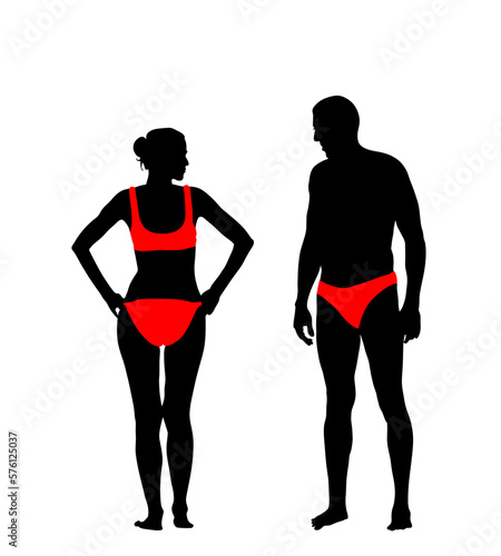 Couple in love on beach. Sexy suntan woman and man sunbathing in bikini vector silhouette isolated on white. Fit body relaxing. Weight loss skin care sun protection. Active life. Summer time enjoy.