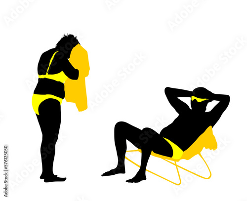 Senior couple sunbathing beach enjoy vector silhouette illustration. Mature woman dries with towel after swimming. Tourist in swimwear bikini. Skin care. Lady wiped off. Old man sitting in beach chair