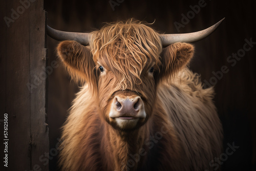 portrait of a highland cow, Created using generative AI tools.