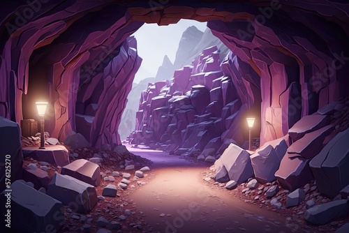 Beautiful modern illustration of a Mining Quarry with a purple shiny crystal in the rocks and stone walls of the mine. Template for your design. AI