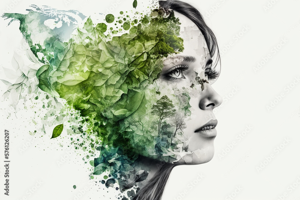 double exposure of woman head and flowers and plants mental health ...