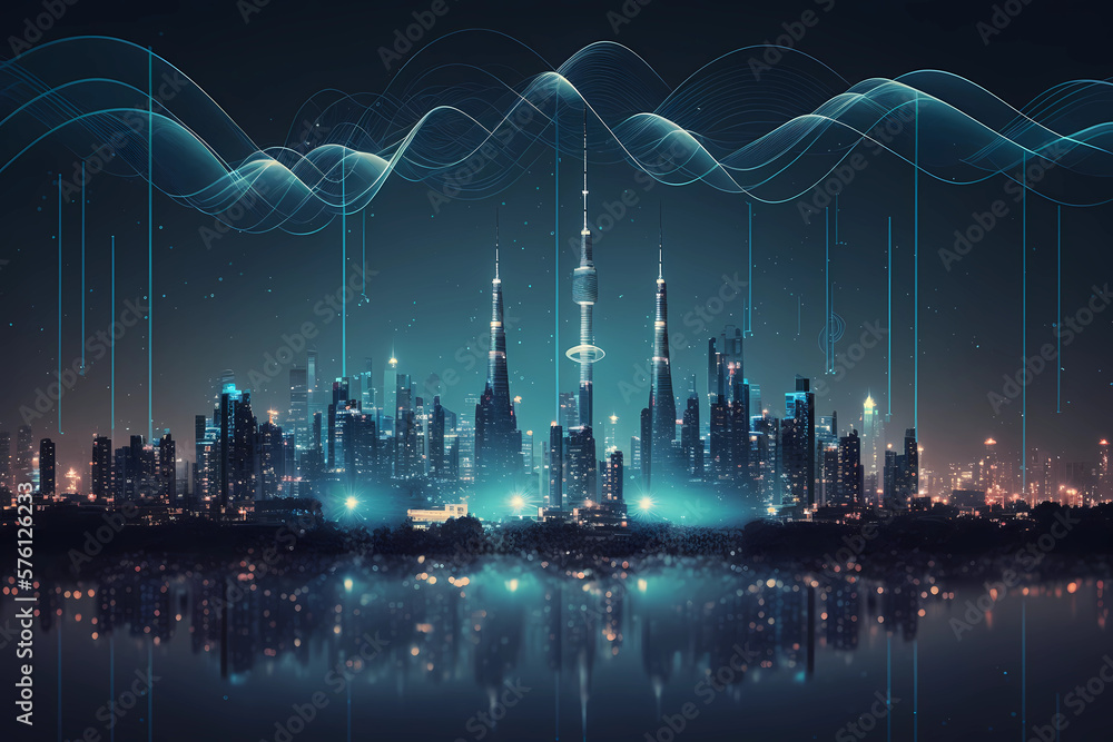 Smart City and Big Data Connection Technology Concept. Digital Blue Wavy Wireless with Antennas Network on Night Megapolis City Skyline Background, Generative AI Smart City and Big Data Connection Technology Concept. Digital Blue Wavy Wireless with Antennas Network on Night Megapolis City Skyline Background, Generative AI