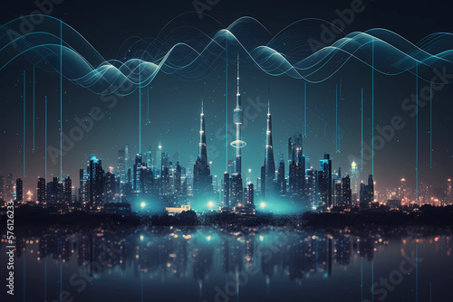 Smart City and Big Data Connection Technology Concept. Digital Blue Wavy Wireless with Antennas Network on Night Megapolis City Skyline Background, Generative AI