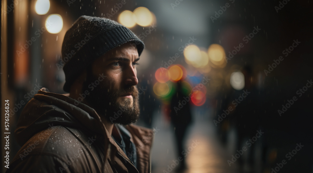 Portrait of Handsome Serious Man Standing, Looking Around Night City with Bokeh Neon Street Lights in Background,  Created using generative AI tools.