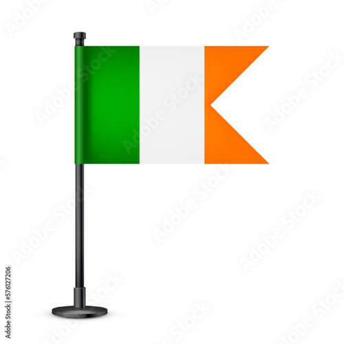 Realistic Irish table flag on a black steel pole. Souvenir from Ireland. Desk flag made of paper or fabric and shiny metal stand. Mockup for promotion and advertising. Vector illustration