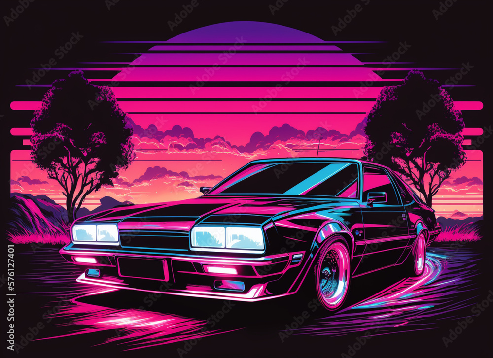 Illustration of a retro car in Synthwave design