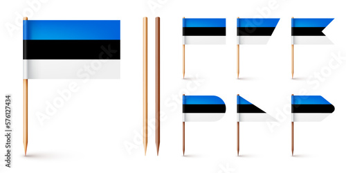 Realistic various Estonian toothpick flags. Souvenir from Estonia. Wooden toothpicks with paper flag. Location mark, map pointer. Blank mockup for advertising and promotions. Vector illustration
