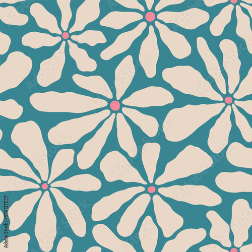 Aesthetic Contemporary printable retro groovy flowers seamless pattern. Decorative Hippie Naive 60's, 70's style Vintage boho background in minimalist style for fabric, wallpaper or wrapping