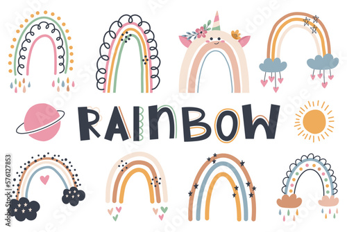 Fotografiet Set of cute hand draw rainbow, sun, cloud, star, weather in boho style