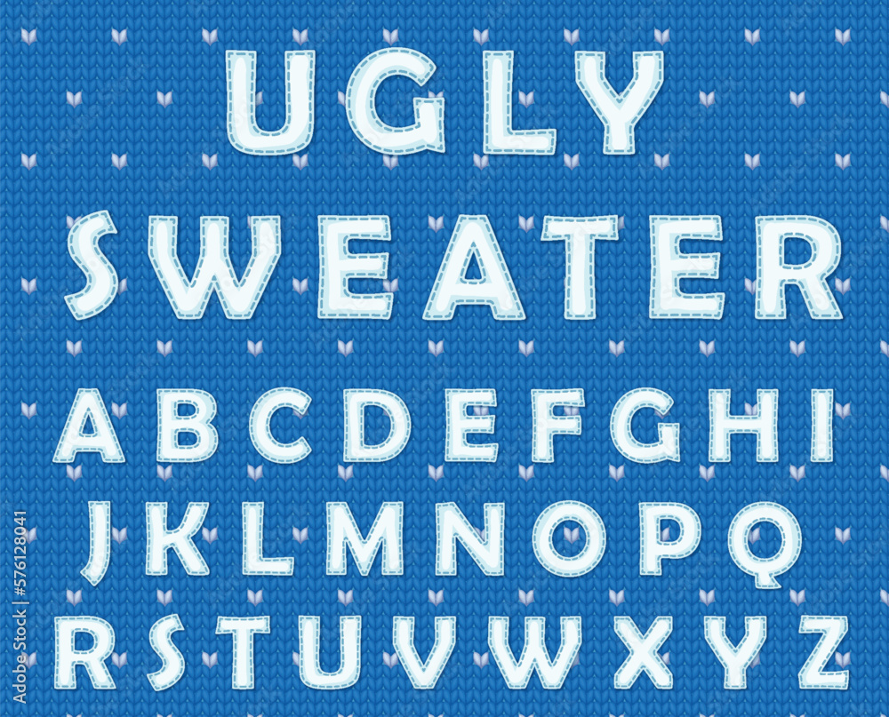 Ugly sweater font vector illustration on knitted woolen background