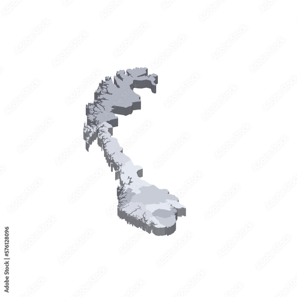 Norway political map of administrative divisions - counties and autonomous city of Oslo. 3D isometric blank vector map in shades of grey. Norway political map of administrative divisions - counties and autonomous city of Oslo. 3D isometric blank vector map in shades of grey.
