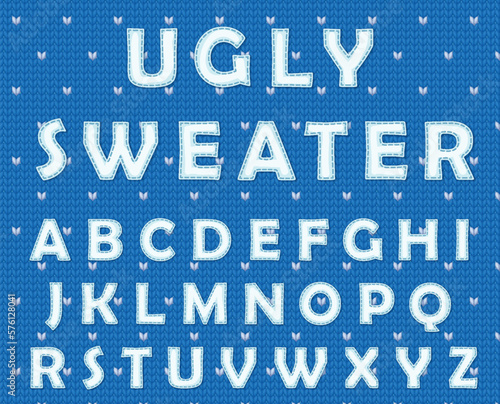 Ugly sweater font vector illustration on knitted woolen background, winter textured pattern with typography design, font for holiday poster for merry christmas cards, set of embeoidery letters for new