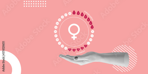Menstrual cycle over the female hand. Contraception, pregnancy planning concept. Minimalistic collage photo