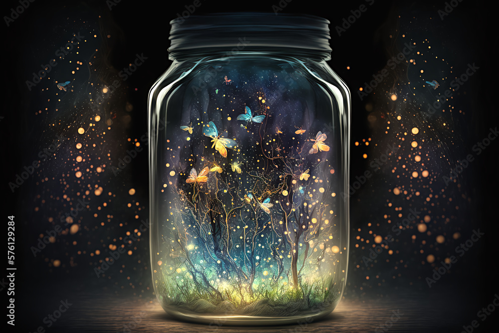 AI Generated abstract idea of glowing fireflies in a glass jar. AI Generated abstract idea of glowing fireflies in a glass jar.