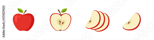 Green apple cartoon set. Cross section of cut apple, slices and whole fruit, isolated vector illustration 10 eps.