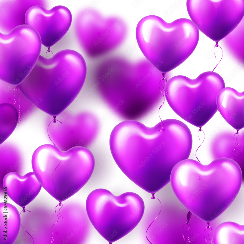 Valentine's Day background with violet heart balloons. Wedding invitation card template, love banner. Mother's Day greeting cards. Beautiful romantic banner. Vector illustration