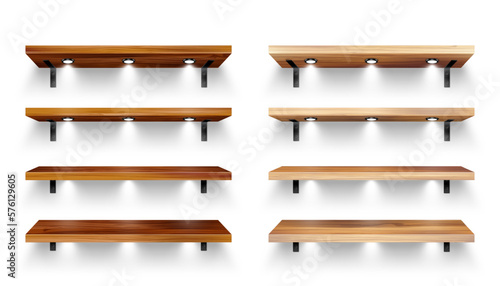 Realistic wooden store shelves with wall mount and lighting, spotlights. Empty product shelf, grocery wall rack. Mall and supermarket furniture, bookshelf. Interior design. Vector illustration