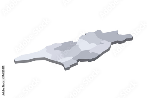 Georgia political map of administrative divisions - regions and autonomous republics of Abkhasia and Adjara. 3D isometric blank vector map in shades of grey.