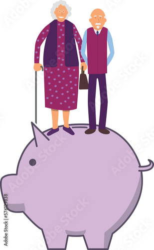 illustration vectorielle représentant deux personnes âgées à la retraite qui se tiennent debout sur une tirelire géante. Symbole des séniors qui ont des difficultés financières.