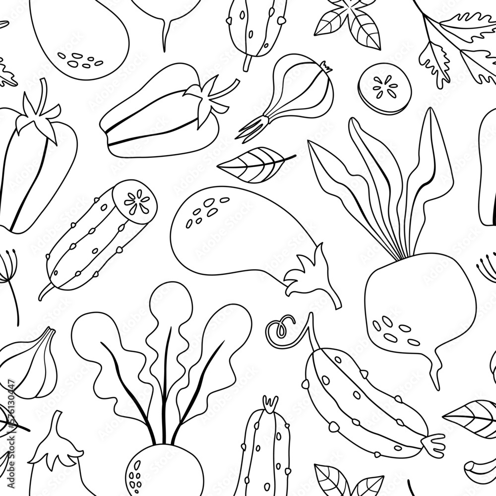 Pattern from doodle vegetables. Vector texture for paper, textile, paper. Coloring for kids. Pattern from doodle vegetables. Vector texture for paper, textile, paper. Coloring for kids.