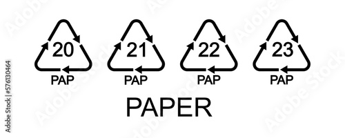 Paper or cardboard recycling signs. 20, 21, 22, 23 PAP in triangular shapes with arrows. Reusable icons isolated on white background. Environmental protection pictograms