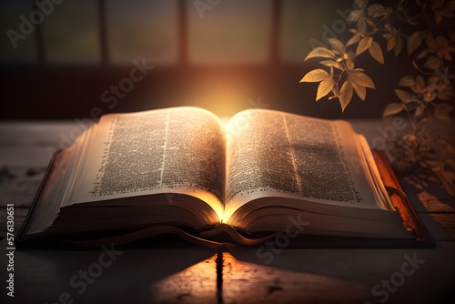 Wallpaper Illustration and background of Holy Bible, Sacred book. Front view. Concept of religion, word of god, god, jesus christ. Generative AI. photo