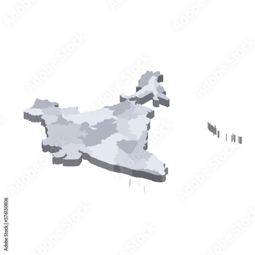 India political map of administrative divisions - states and union teritorries. 3D isometric blank vector map in shades of grey.