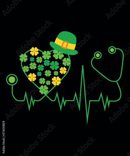 Nurse St Patricks Day Stethoscope Heartbeat Clover T-Shirt, St. Patrick's Day, Shirt Print Template, Shenanigans Irish Shirt, 17 march, 4 leaf clover