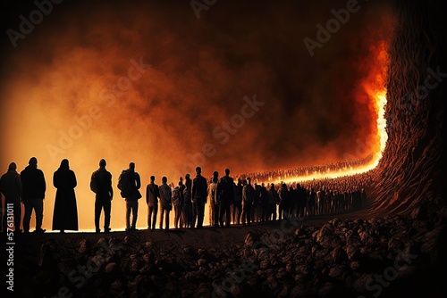 Line of people standing in hell, concept of Hierarchy and Oppression, created with Generative AI technology photo