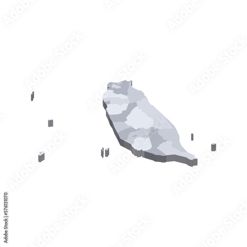 Taiwan political map of administrative divisions - provinces and special municipalities. 3D isometric blank vector map in shades of grey.