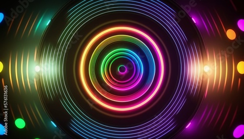 A decorative background with neon glowing colors and shapes with circles and hexagons. Generative AI.